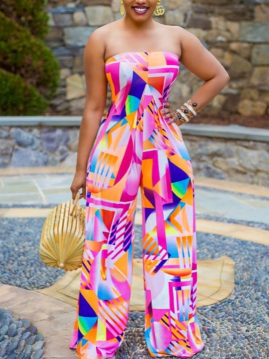 

Lovely Boho Off The Shoulder Geometric Print Pink One-piece Jumpsuit