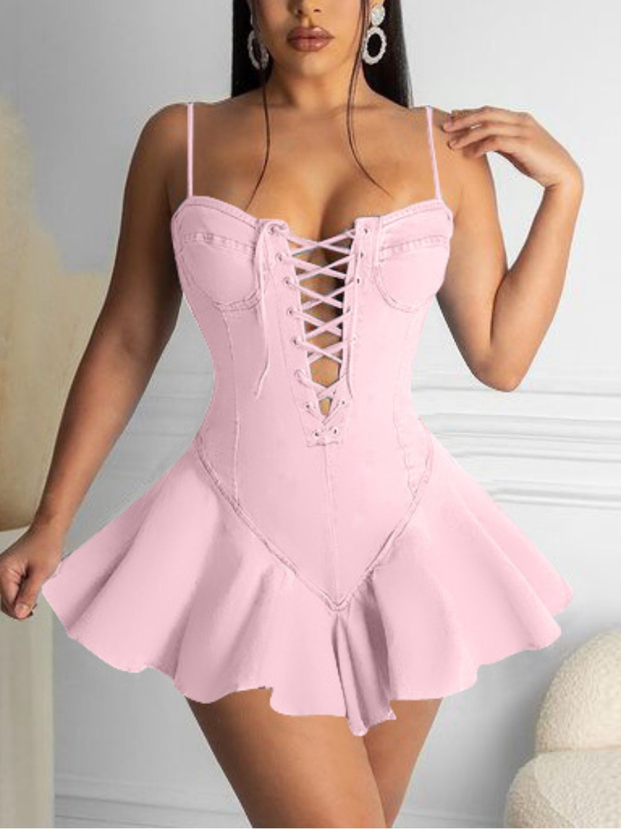 

Lovely Sweet Flounce Bandage Hollow-out Design Pink Mini Dress