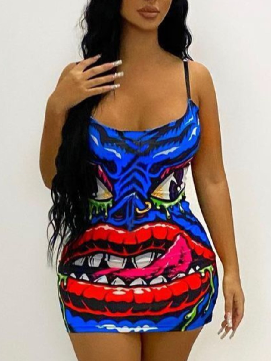 

Lovely Street Lip Print Patchwork Blue Mini Dress