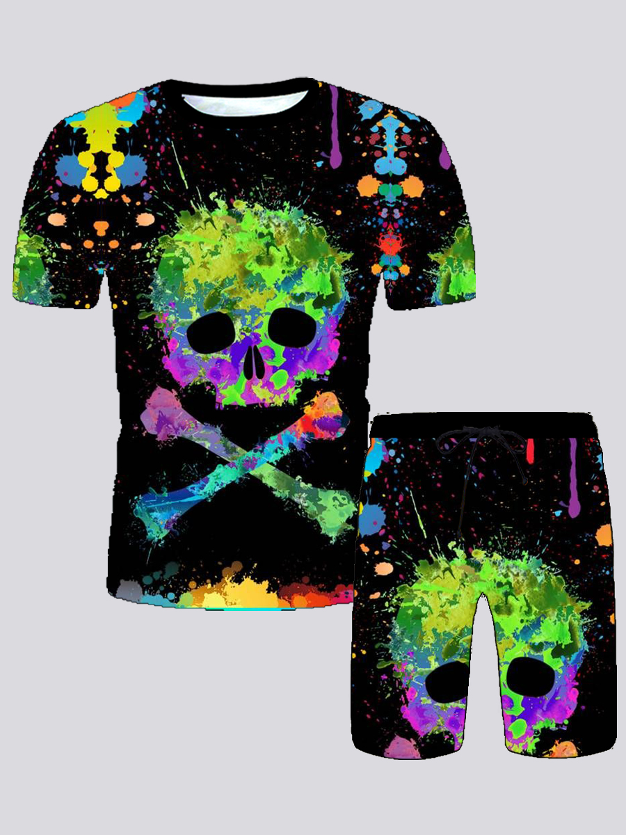 

Lovely Men Street Skull Head Splash Ink Print Black Two Piece Shorts Set