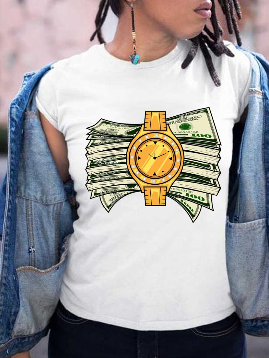 

Lovely Street O Neck Money Print White T-shirt