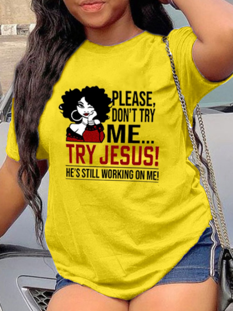 LW Casual O Neck Letter Print Yellow T-shirt