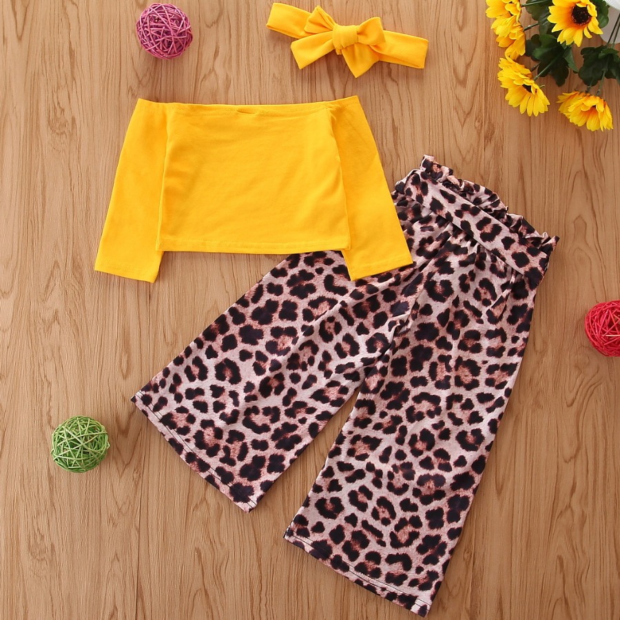 

Lovely Girl Casual Off The Shoulder Leopard Print Yellow Three Piece Pants Set