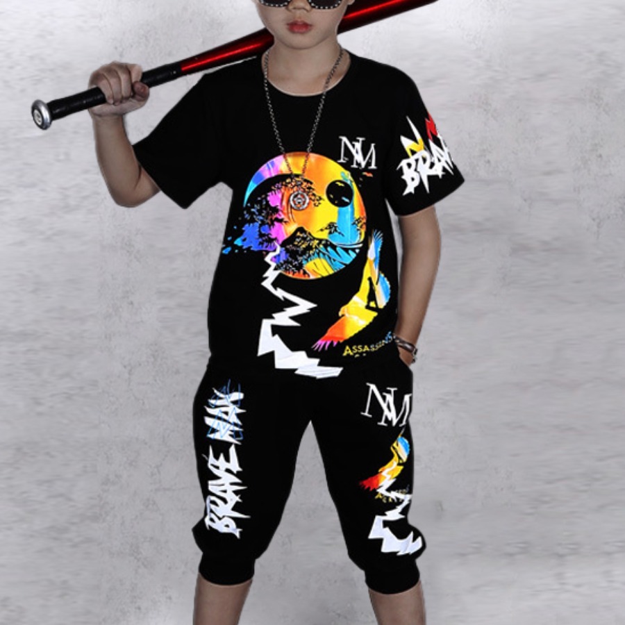 

Lovely Boy Street Letter Print Patchwork Black Two Piece Shorts Set