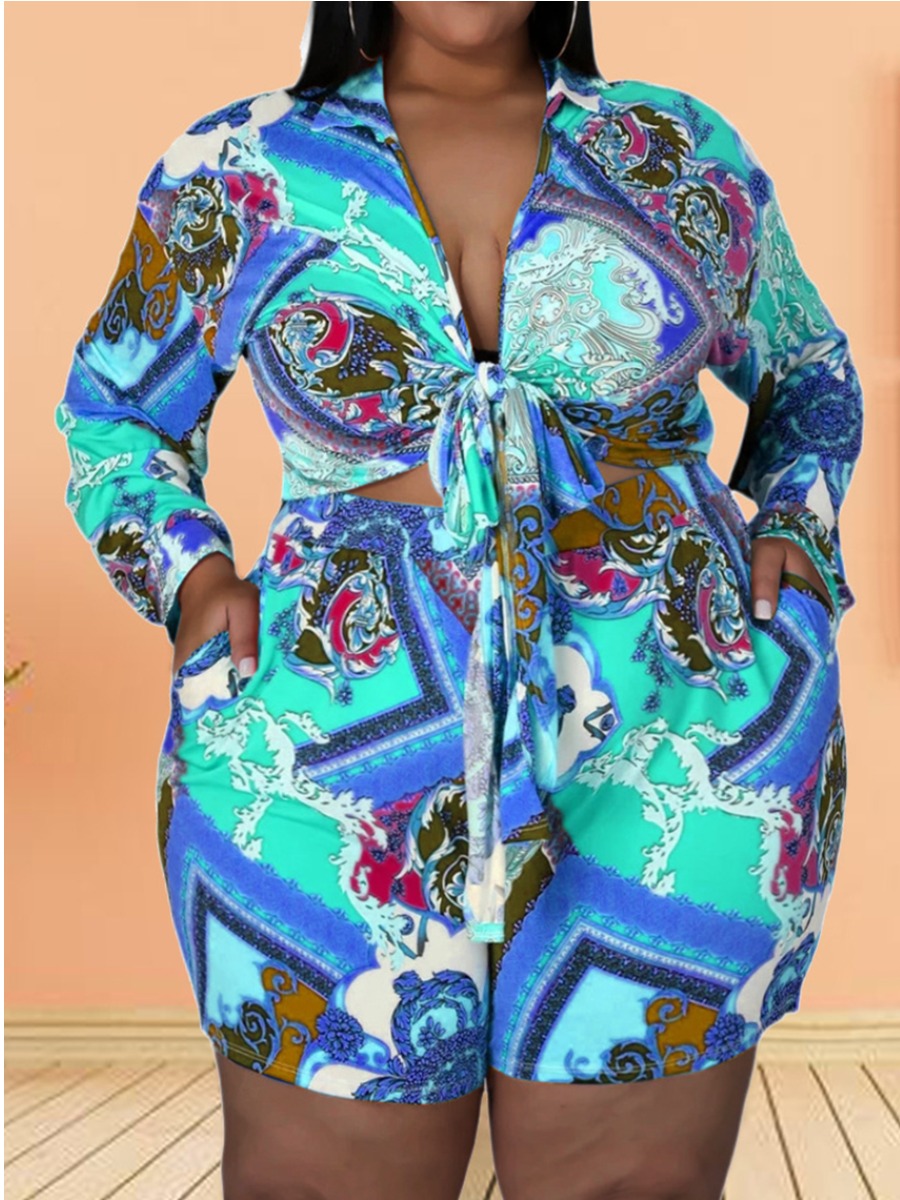 

Lovely Plus Size Boho Print Bandage Design Blue Two-piece Shorts Set