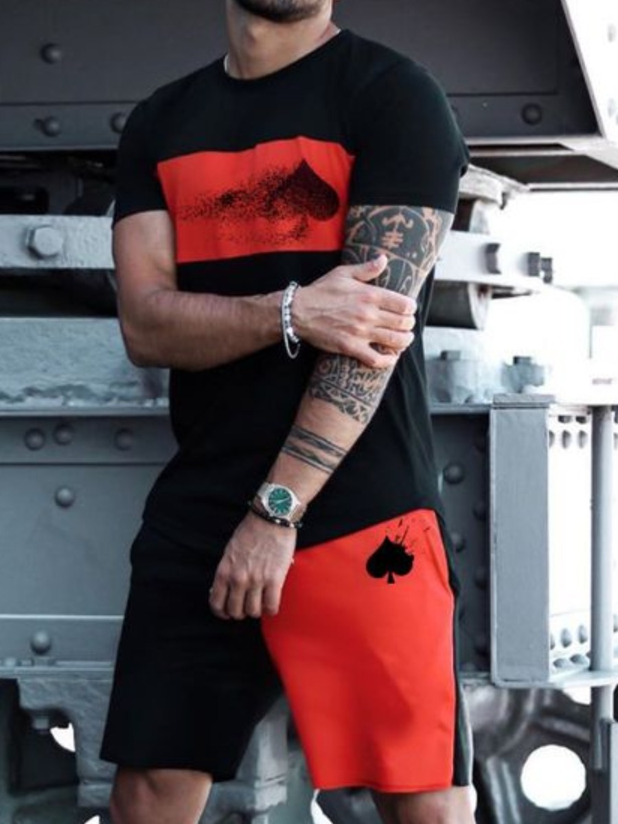 

LW Men Casual Color-lump Drawstring Black Two Piece Shorts Set