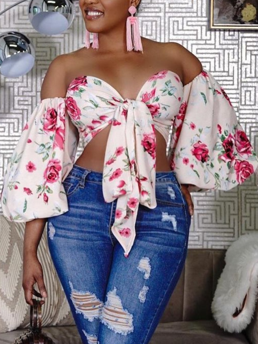 

Lovely Sweet Floral Print Bandage Ruffle Design White Blouse