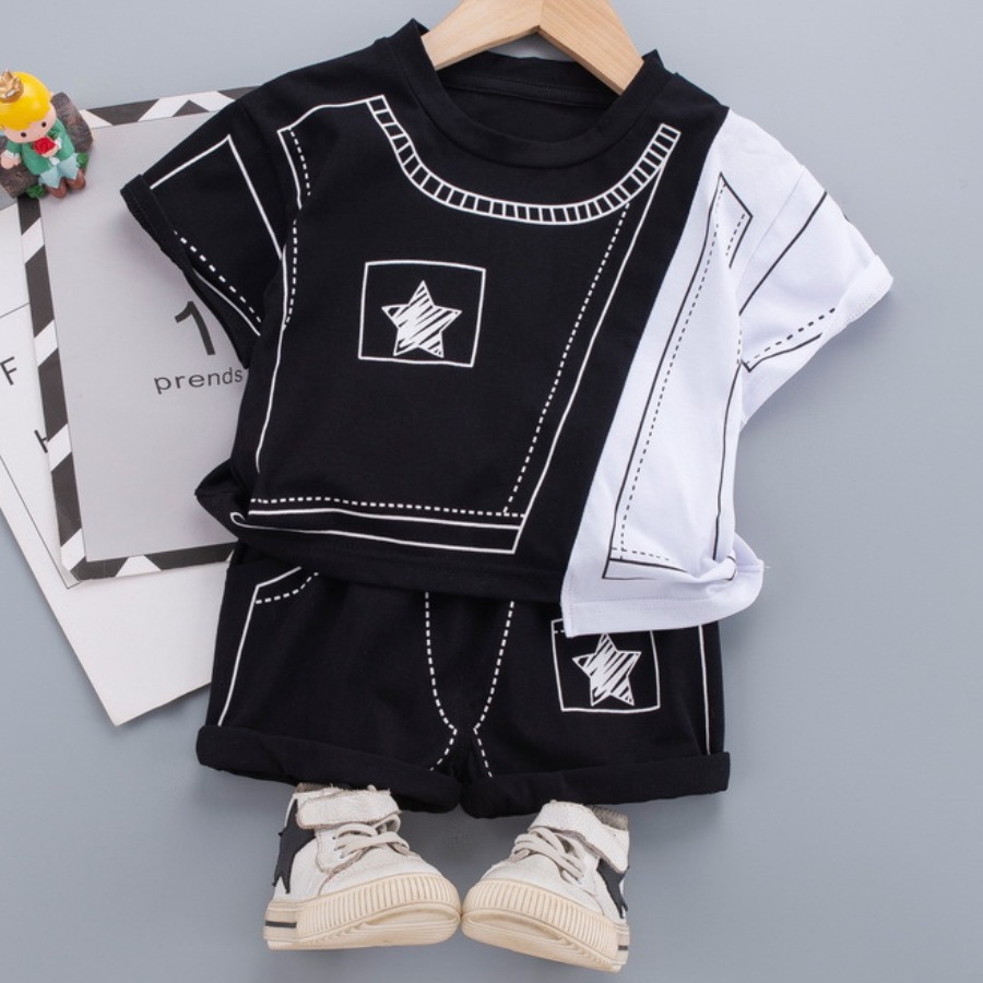 

Lovely Boy Street O Neck Star Print Black Two Piece Shorts Set