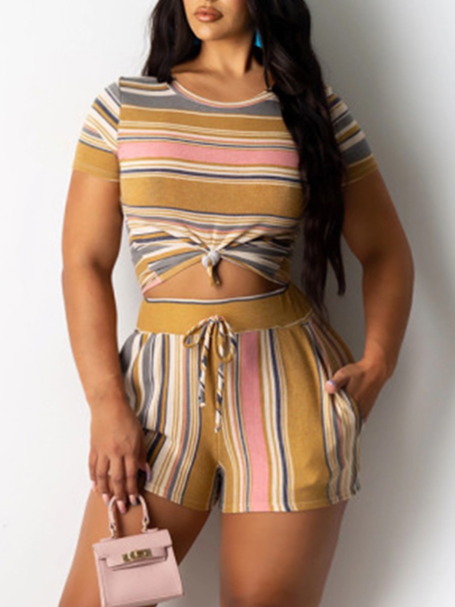

Lovely Plus Size Street Striped Drawstring Yellow Two-piece Shorts Set