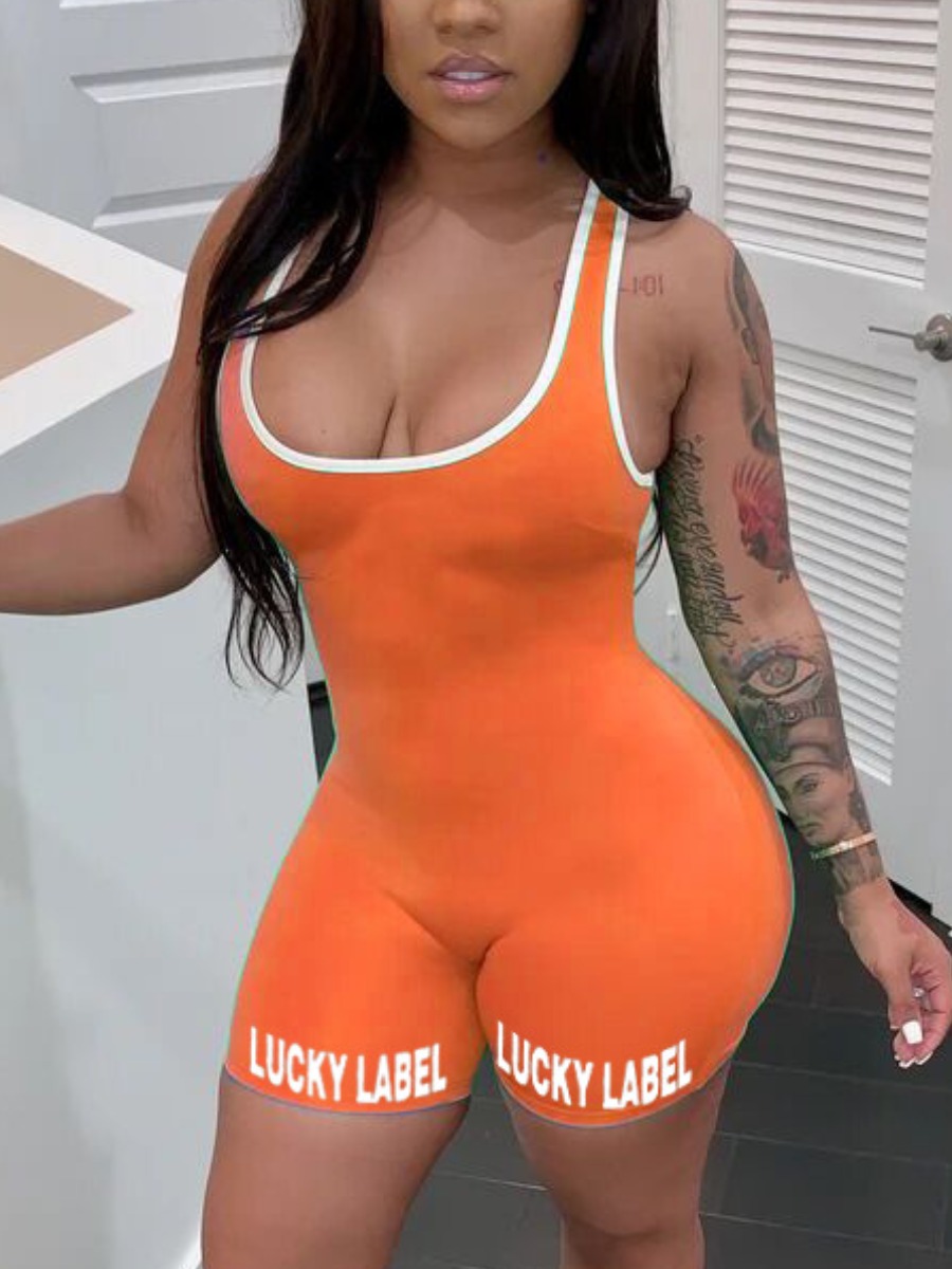 

Lovely Sporty U Neck Letter Print Orange One-piece Romper