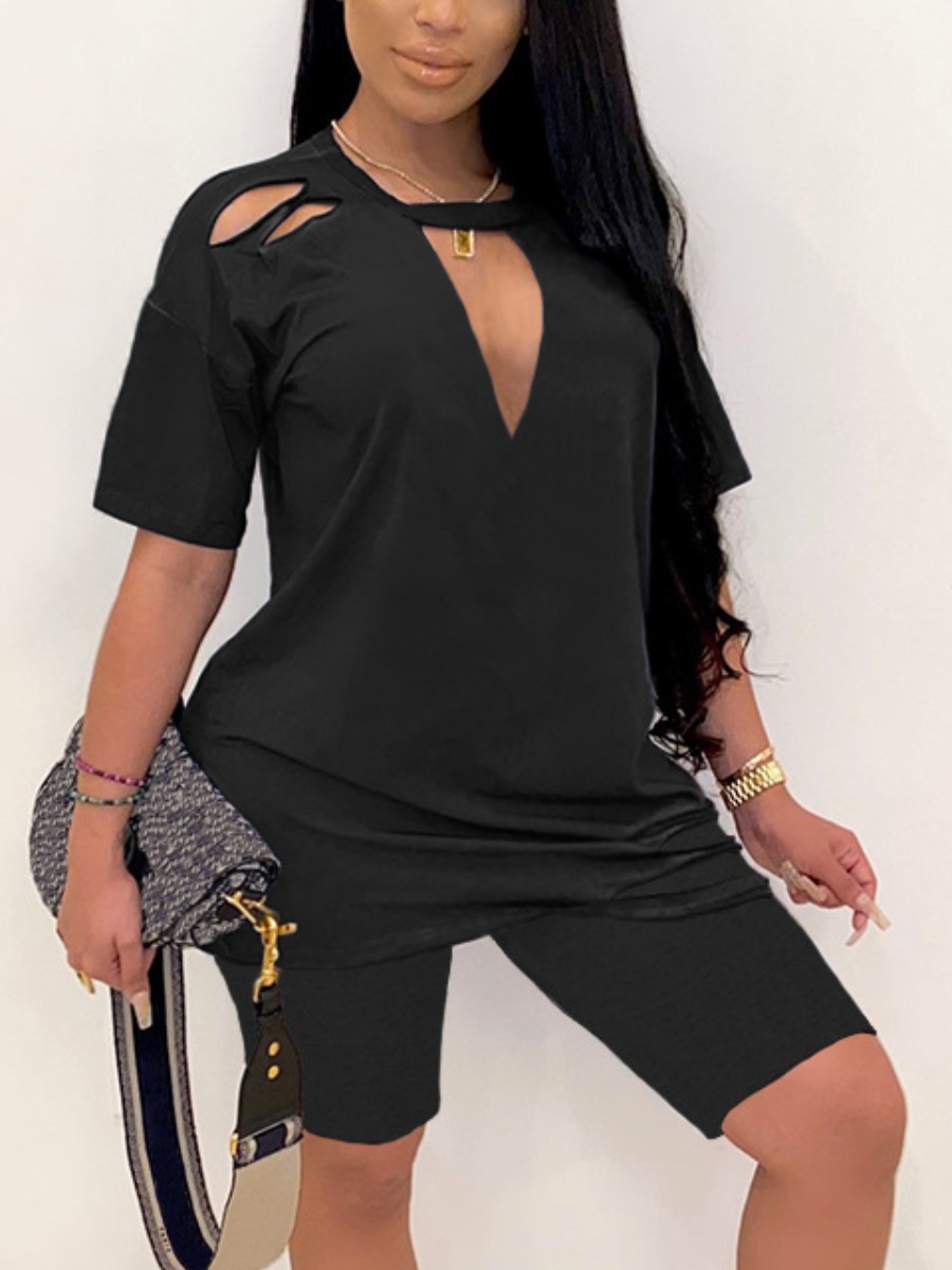 

Lovely Street Dropped Shoulder Hollow-out Black Two Piece Shorts Set