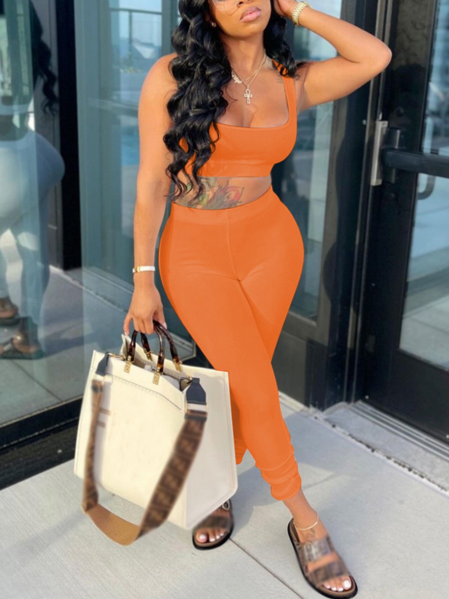 

Lovely Casual U Neck Basic Skinny Orange Two Piece Pants Set