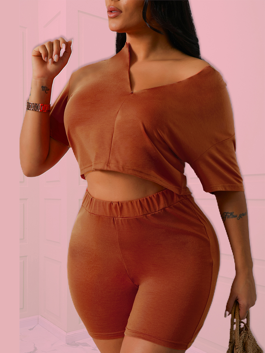

Lovely Casual V Neck Elastic Jacinth Two Piece Shorts Set