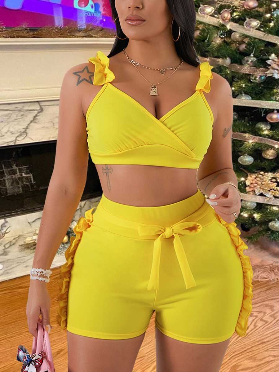 

Lovely Sweet Bandage Flounce Design Yellow Two Piece Shorts Set