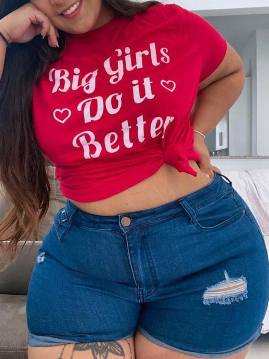 LW Plus Size Street O Neck Letter Print Red T-shirt