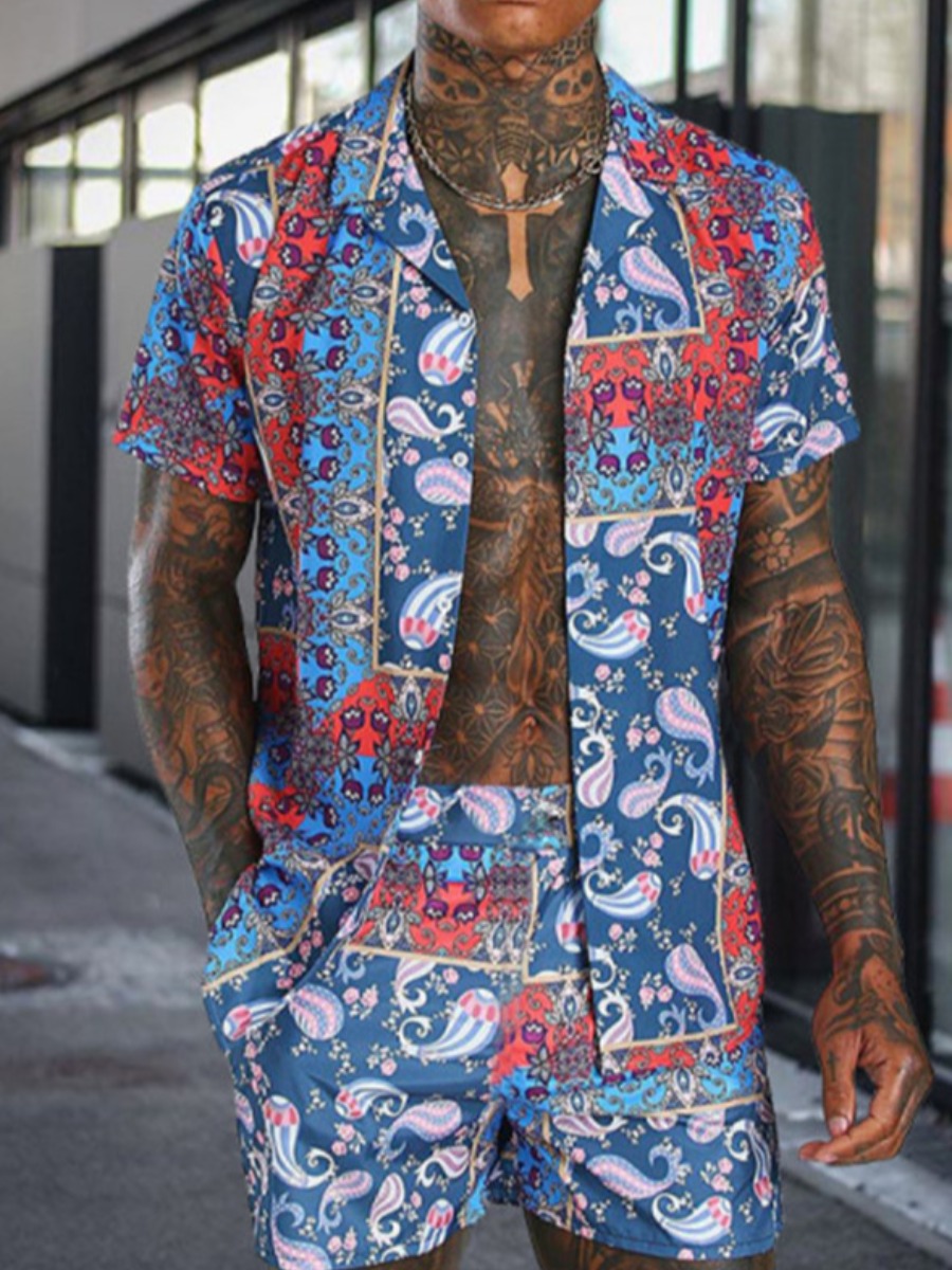 

Lovely Men Boho Turndown Collar Cashew Print Blue Two Piece Shorts Set