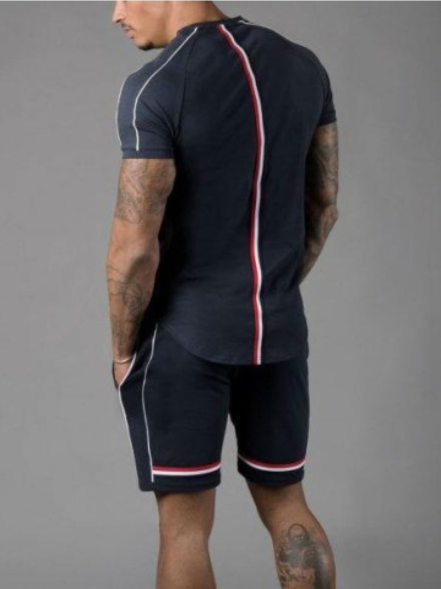 

Lovely Men Sporty O Neck Striped Black Two Piece Shorts Set