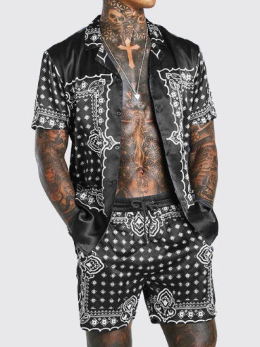 

Lovely Men Casual Geometric Print Drawstring Black Two Piece Shorts Set