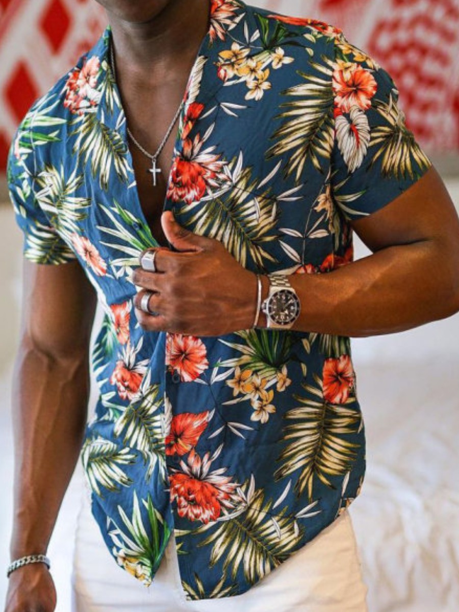 

Lovely Men Casual Turndown Collar Floral Print Dark Blue Shirt
