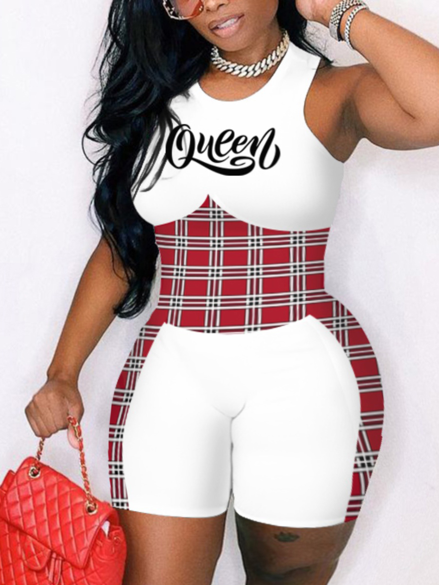 

LW BASICS Plus Size Sweet Plaid Letter Print White One-piece Romper