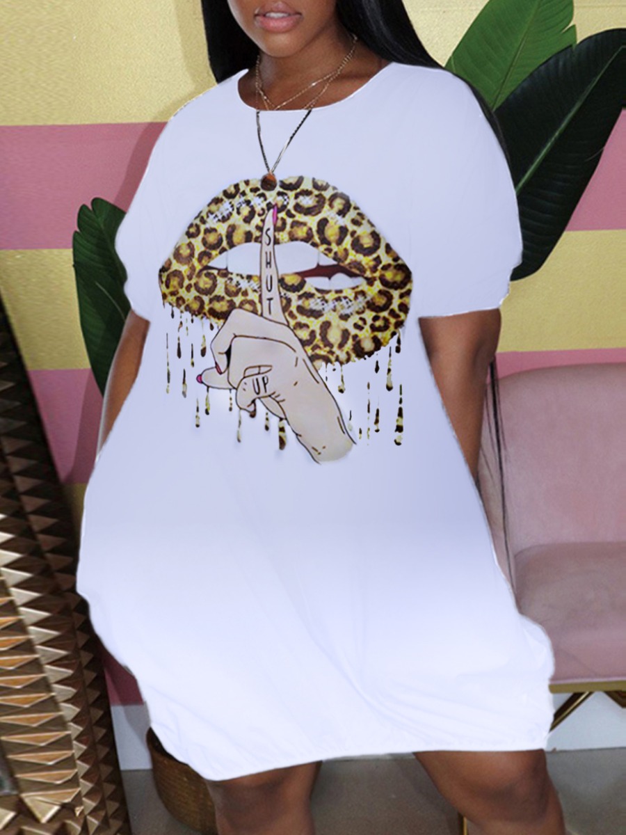 

LW Plus Size O Neck Lip Print Dress, White