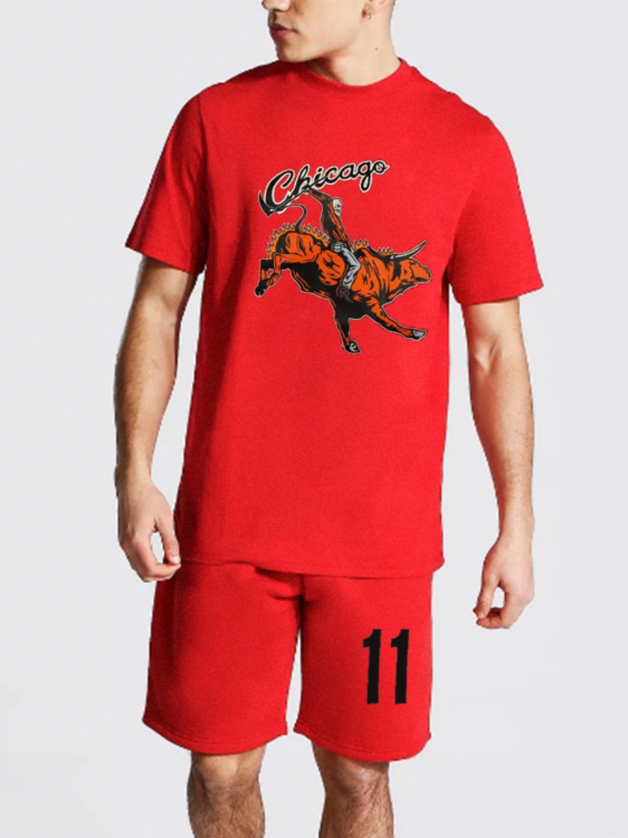 

Lovely Men Sporty O Neck Letter Print Red Two Piece Shorts Set