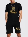 LW Men Street King Letter Print Black Two Piece Shorts Set