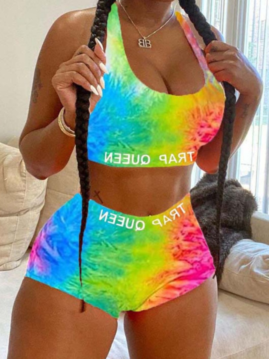

Lovely Plus Size Boho U Neck Tie-dye Multicolor Two-piece Swimsuit, Multi