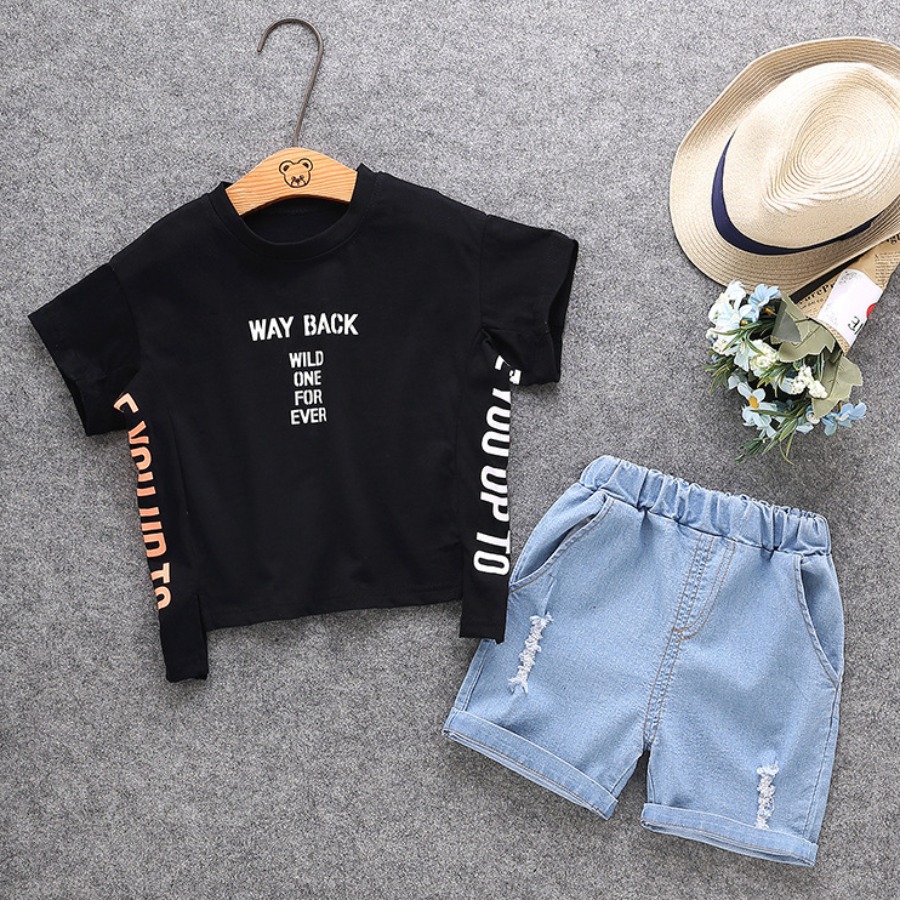 

Lovely Boy Street Letter Print Ripped Black Two Piece Shorts Set