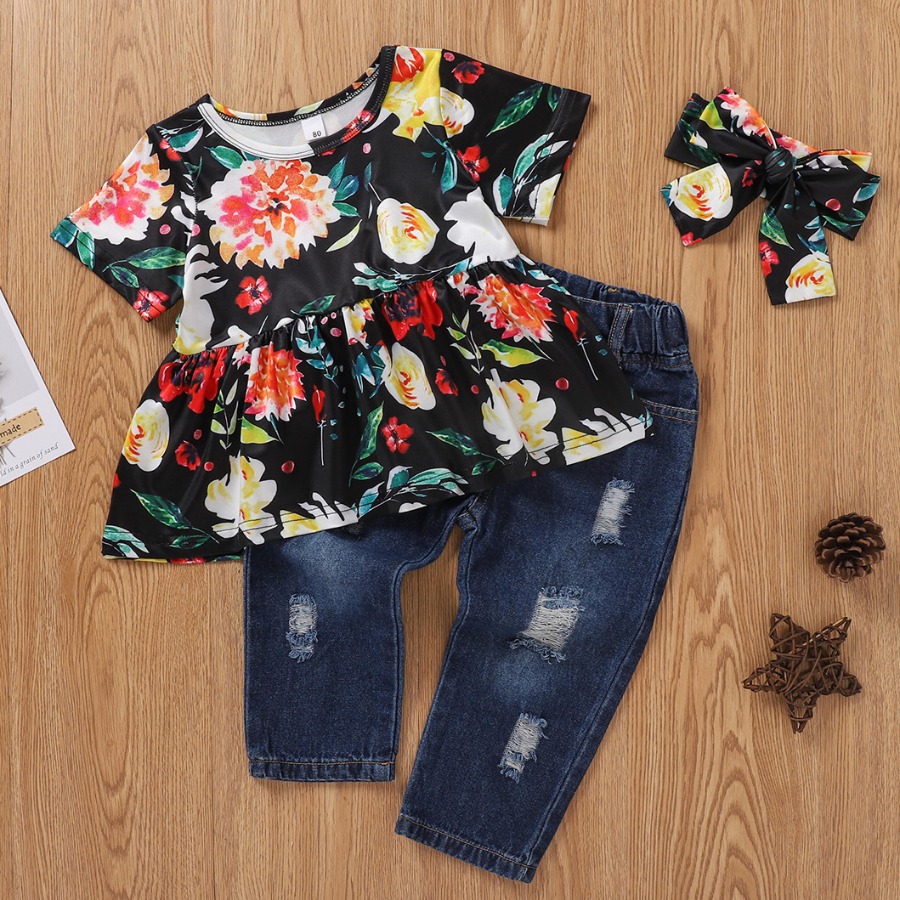 

LW COTTON Girl Sweet Floral Print Ripped Black Two Piece Pants Set(With Headband)