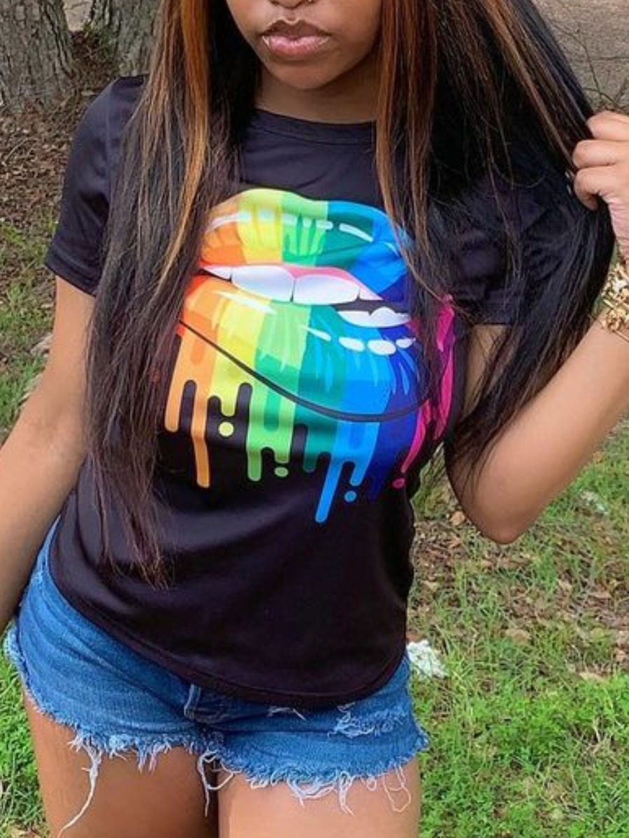 

Lovely Street O Neck Lip Print Black T-shirt