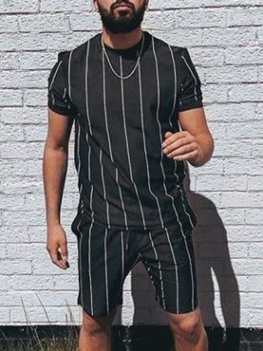 

Lovely Men Casual O Neck Striped Black Two Piece Shorts Set