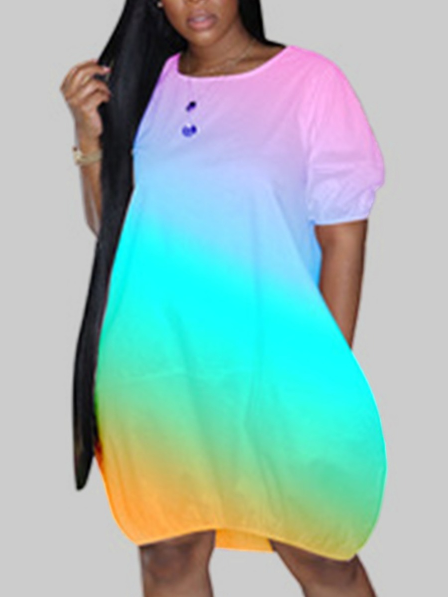 

Lovely Plus Size Street Gradient Drawstring Skyblue Knee Length Dress