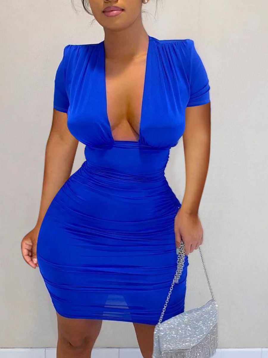 

Lovely Romantic U Neck Basic Skinny Blue Mini Dress
