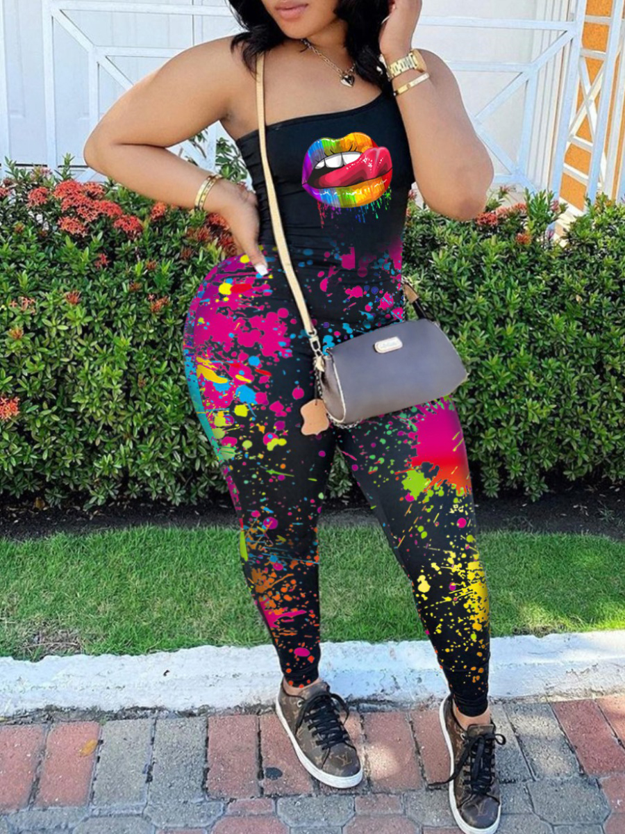 

Lovely Plus Size Casual One Shoulder Lip Print Black One-piece Jumpsuit