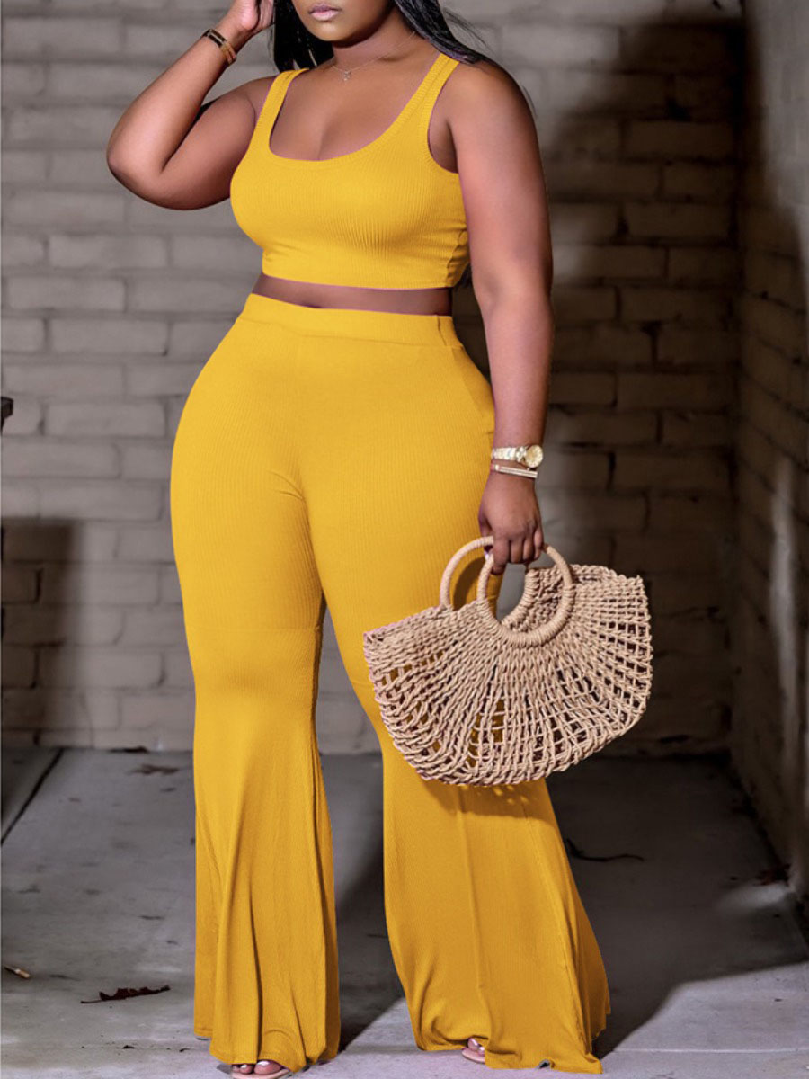 

Lovely Plus Size Casual U Neck Flared Yellow Two-piece Pants Set