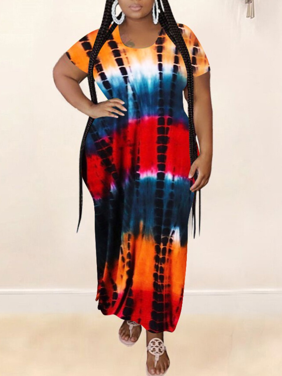 

Lovely Plus Size Casual O Neck Tie-dye Croci Ankle Length Dress