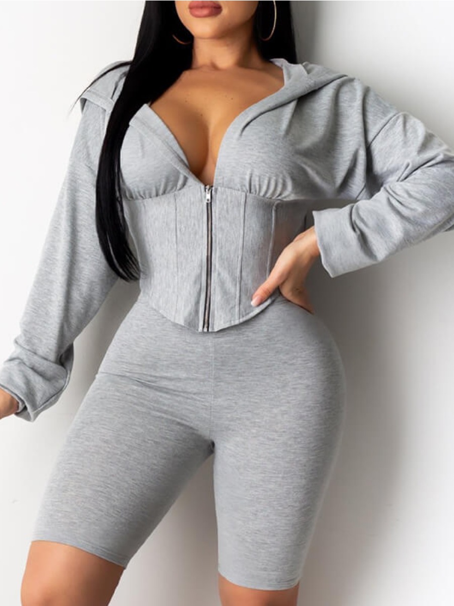 

Lovely Trendy Zipper Design Grey Two-piece Shorts Set