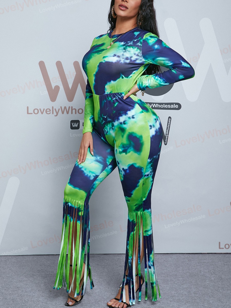 

Lovely Street Tie-dye Tassel Design Green One-piece Jumpsuit