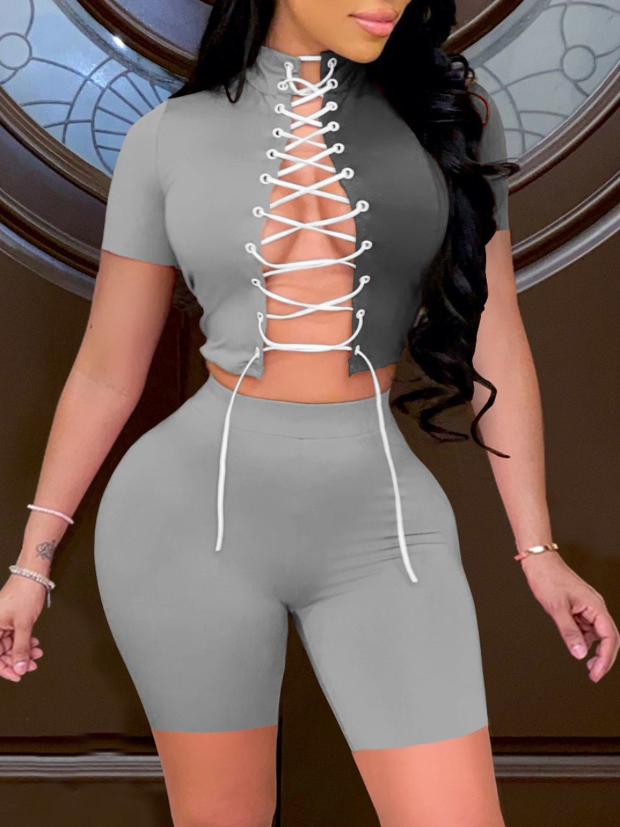 

Lovely Street Bandage Hollow-out Design Grey Two Piece Shorts Set