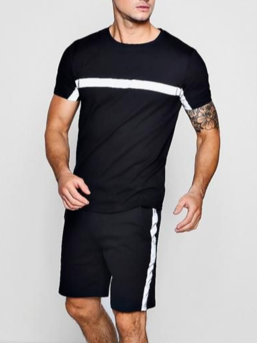 

Lovely Men Casual O Neck Striped Black Two Piece Shorts Set