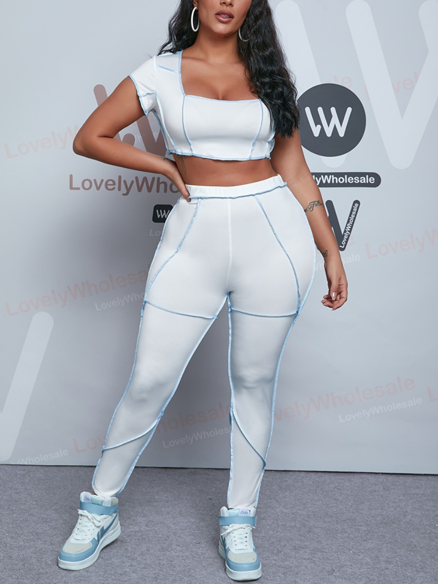 

Lovely Sporty Square Neck Striped White Two Piece Pants Set