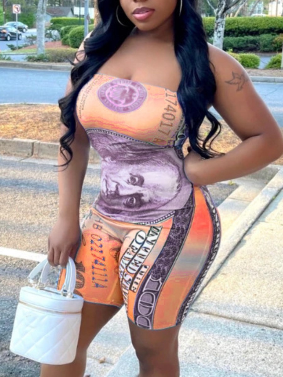 

Lovely Street Off The Shoulder Plaid Letter Print Orange One-piece Romper