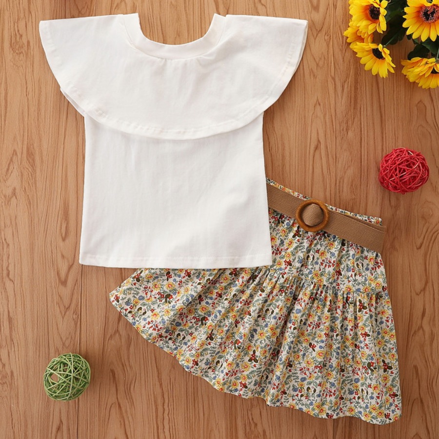 

Lovely Girl Sweet Floral Print Flounce Design White Two Piece Skirt Set