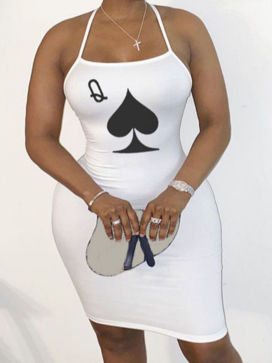 

Lovely Plus Size Street Backless Letter Print White Knee Length Dress