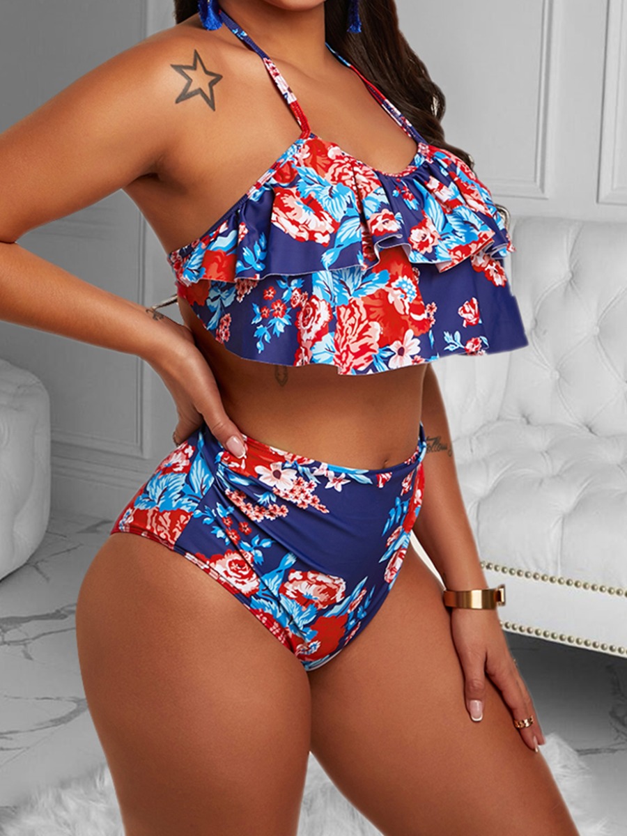 

Lovely Plus Size Boho Floral Print Flounce Design Blue Two-piece Swimsuit