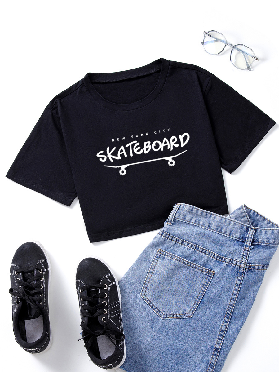 

Lovely Street O Neck Letter Print Black T-shirt