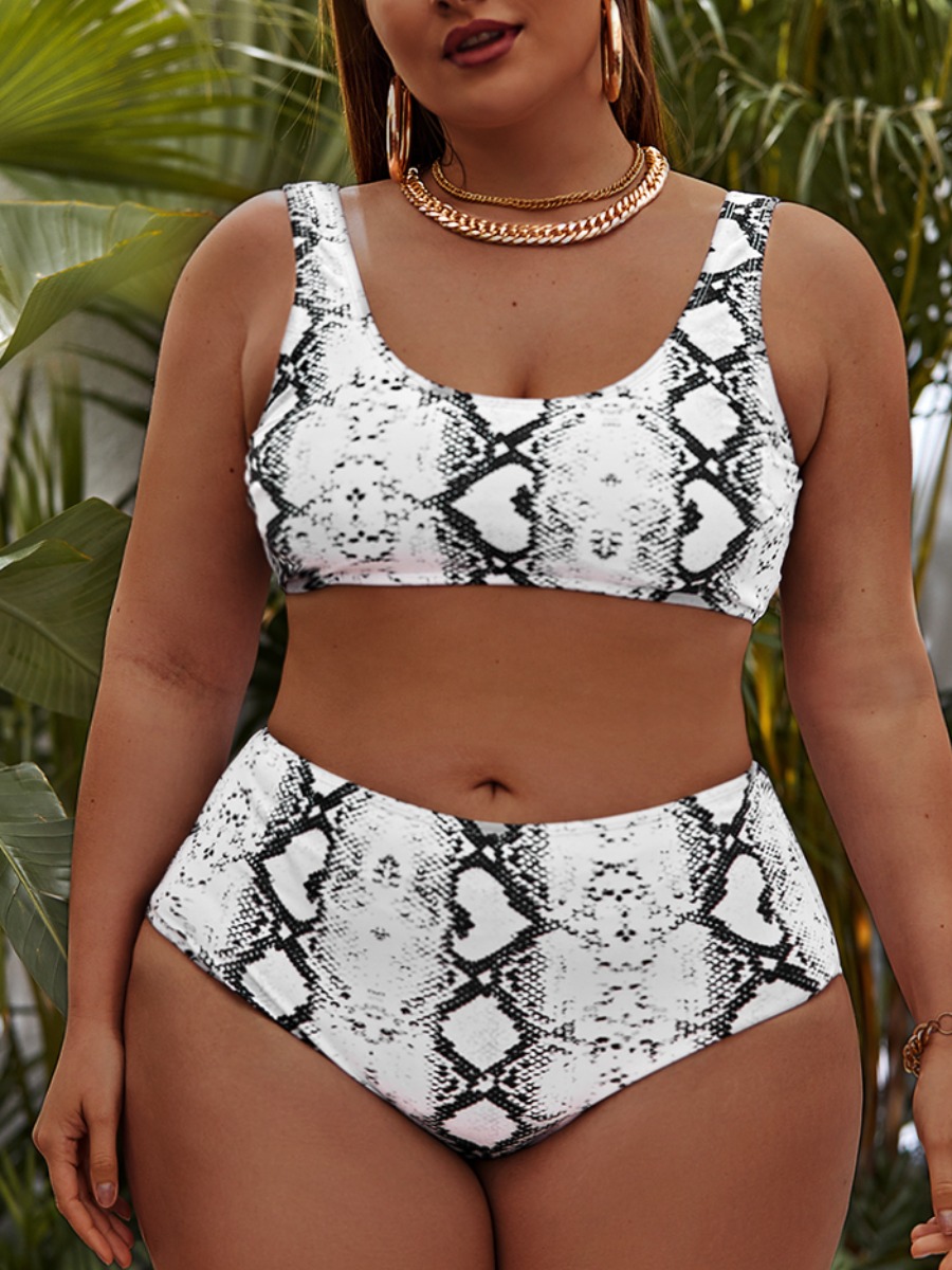 

Lovely Plus Size Boho U Neck Cobra Print Tankini