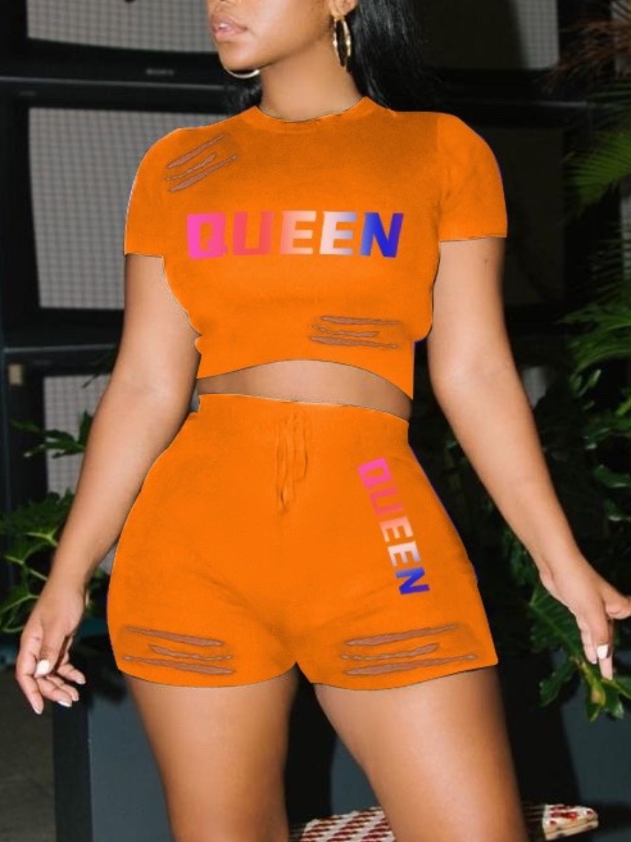 

Lovely Street Letter Print Ripped Orange Two Piece Shorts Set