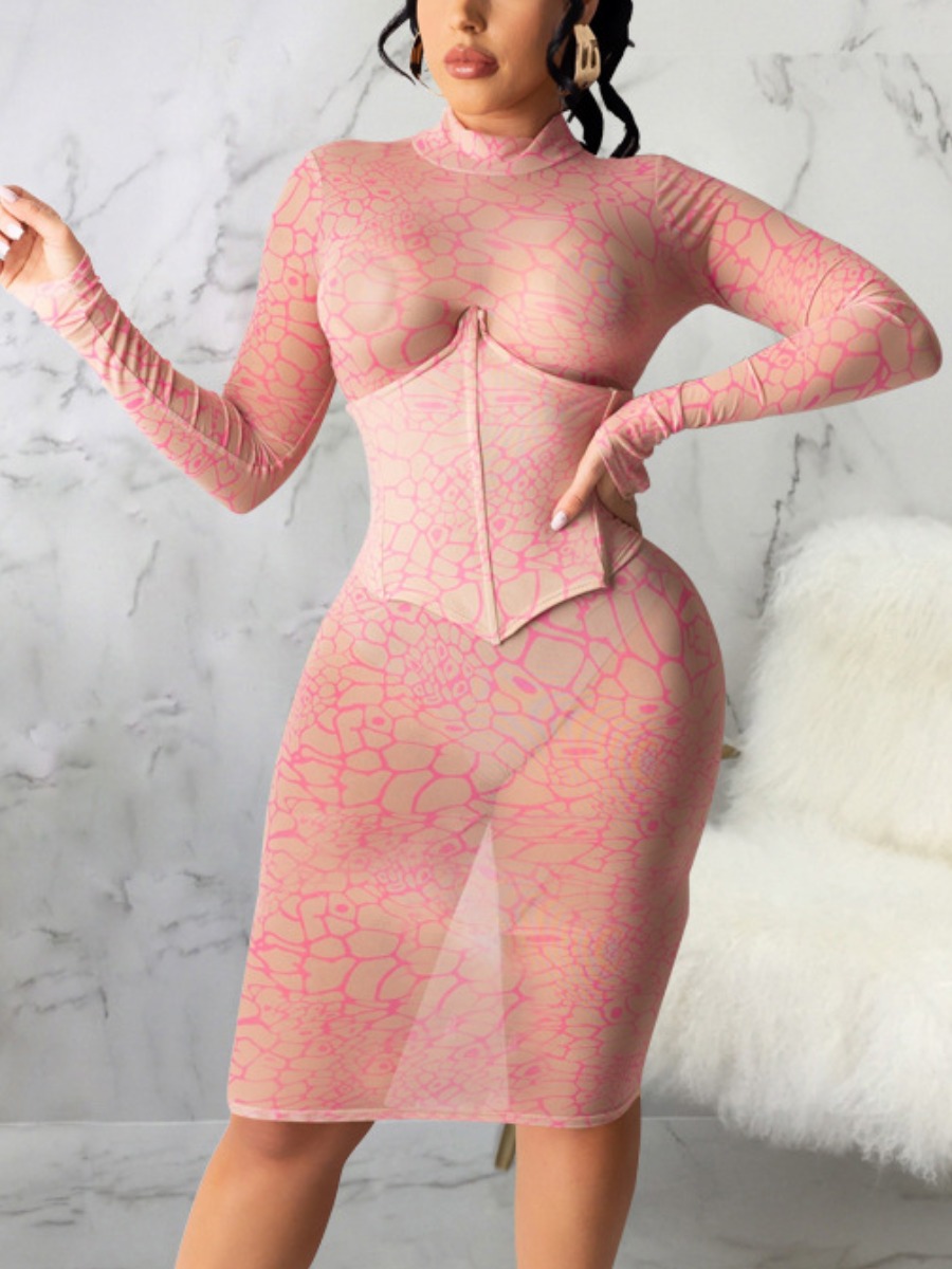

LW SXY Half A Turtleneck Print See-through Rose Red Knee Length Dress